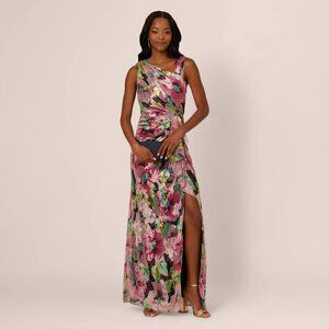 Adrianna Papell Sleeveless Asymmetrical Metallic Floral Gown-Size 12